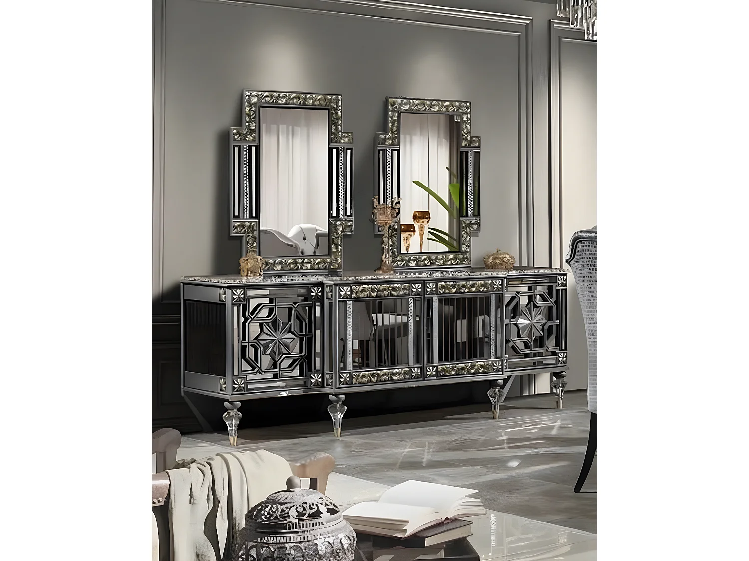 Luxus Essgruppe Essecke Esszimmer Esstisch Stühle Grau Set 8tlg Holz