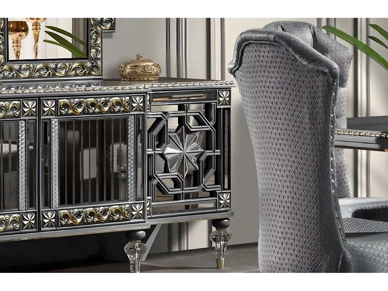 Luxus Essgruppe Essecke Esszimmer Esstisch Stühle Grau Set 8tlg Holz