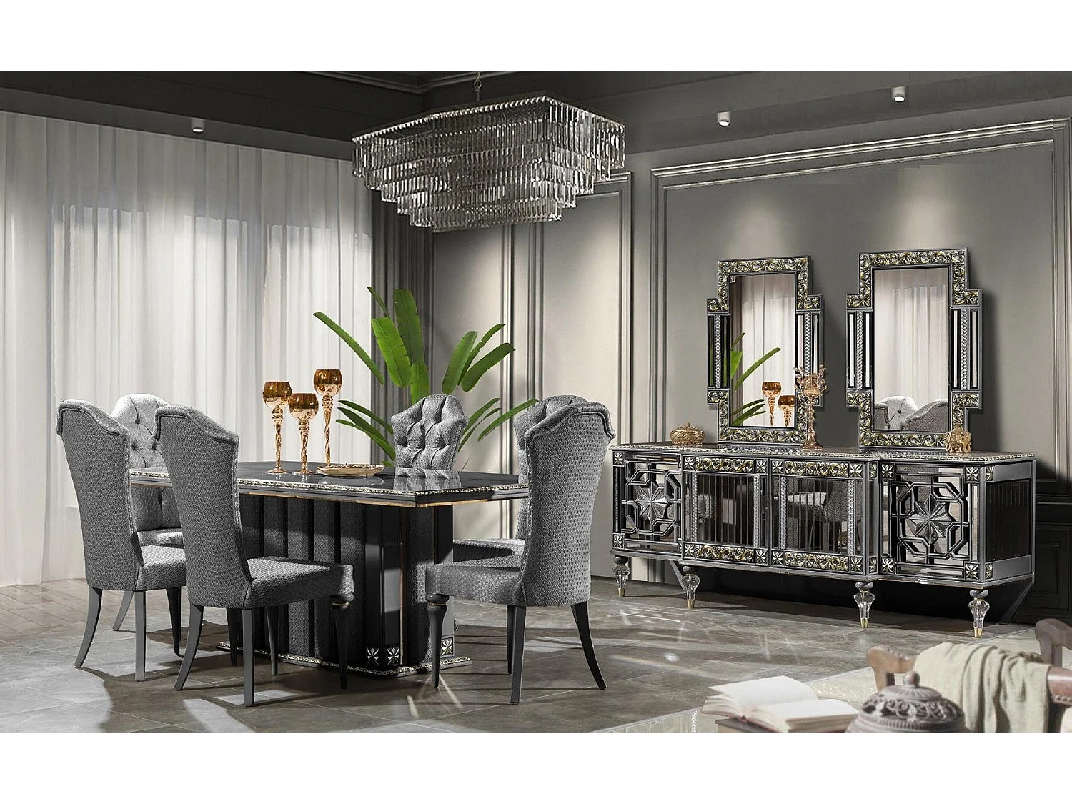 Luxus Essgruppe Essecke Esszimmer Esstisch Stühle Grau Set 8tlg Holz