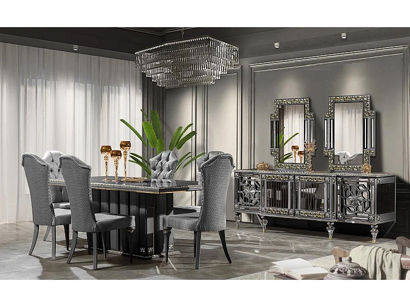 Luxus Essgruppe Essecke Esszimmer Esstisch Stühle Grau Set 8tlg Holz