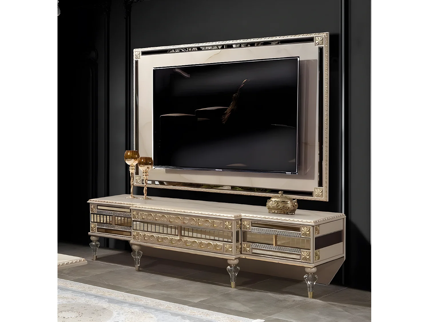 rtv Lowboard tv Ständer Sideboard Holz Luxus Beige Wohnzimmer Schrank