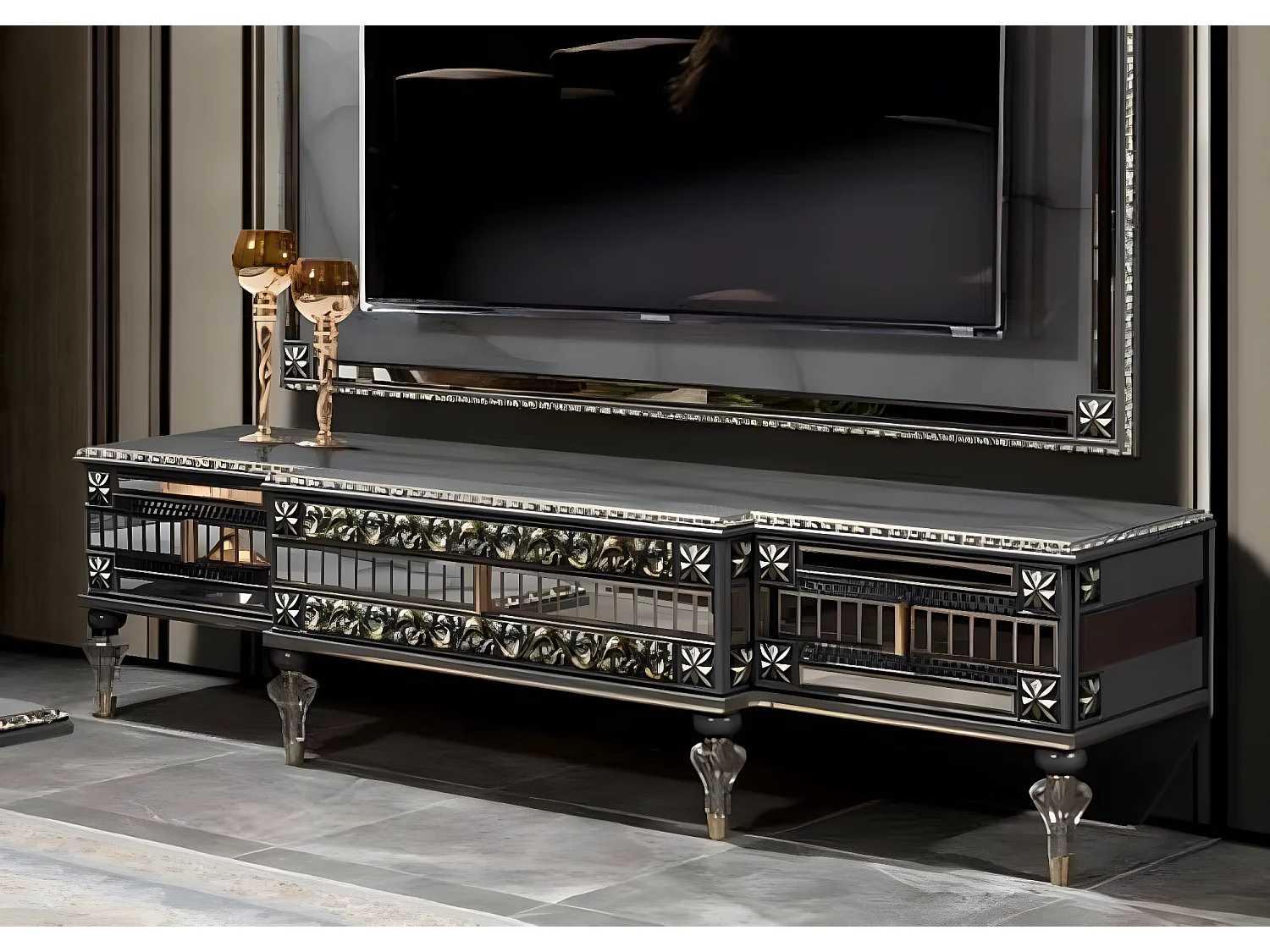 tv sidebiard Lowboard rtv Ständer Sideboard Holz Luxus Grau Wohnzimmer Schrank