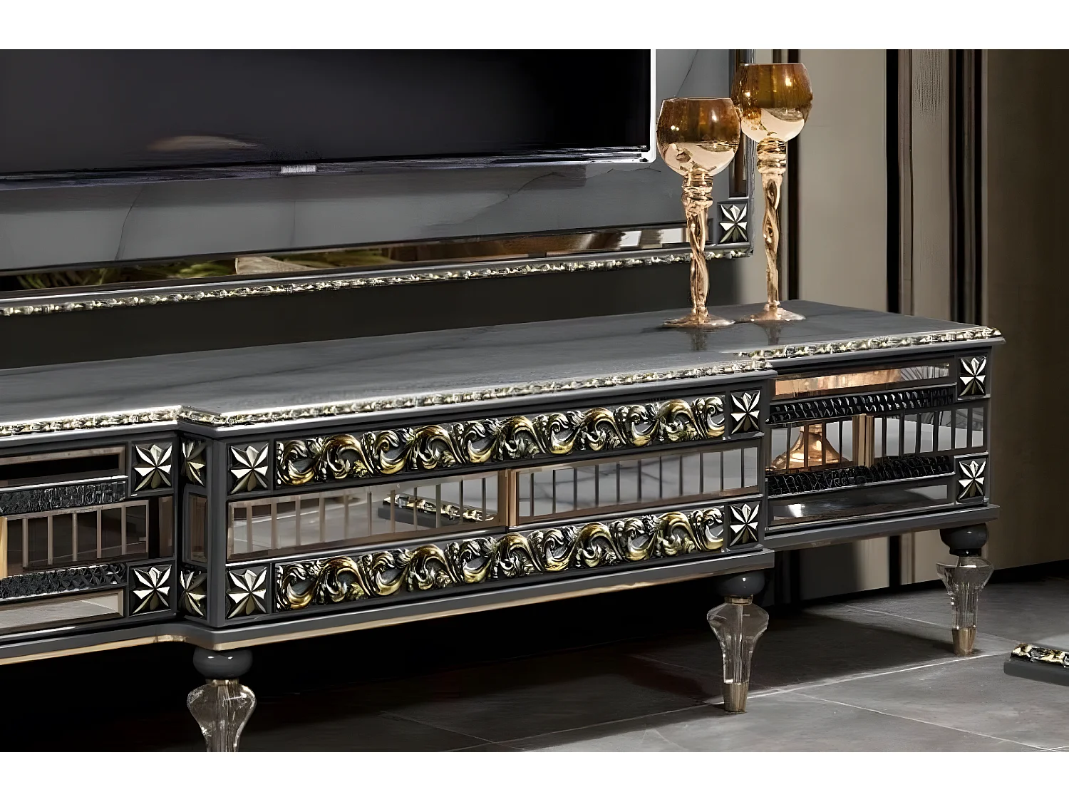 tv sidebiard Lowboard rtv Ständer Sideboard Holz Luxus Grau Wohnzimmer Schrank