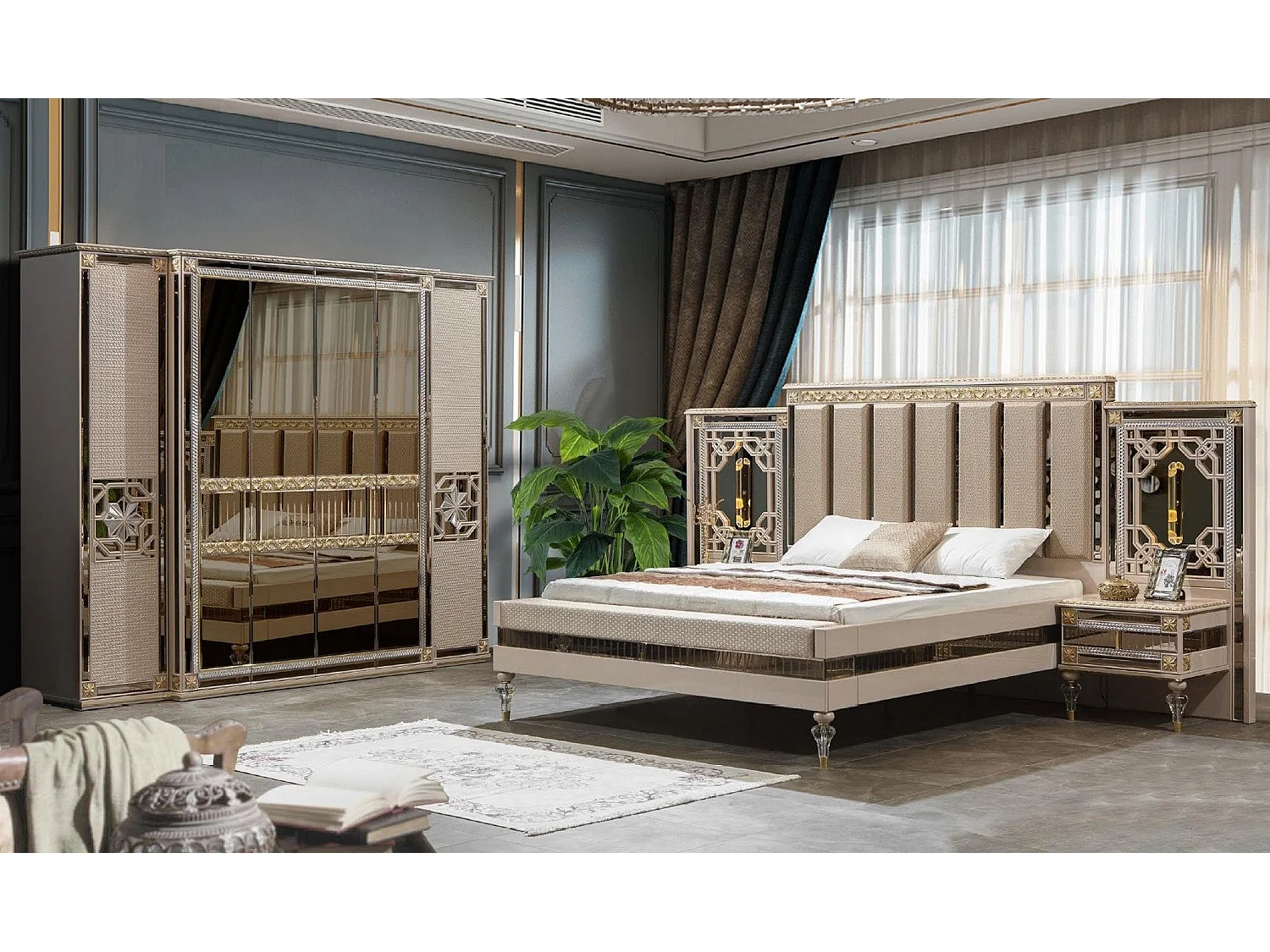 Garnitur Schlafzimmer Doppelbett Bett Nachttische Beige Holz Set 3tlg