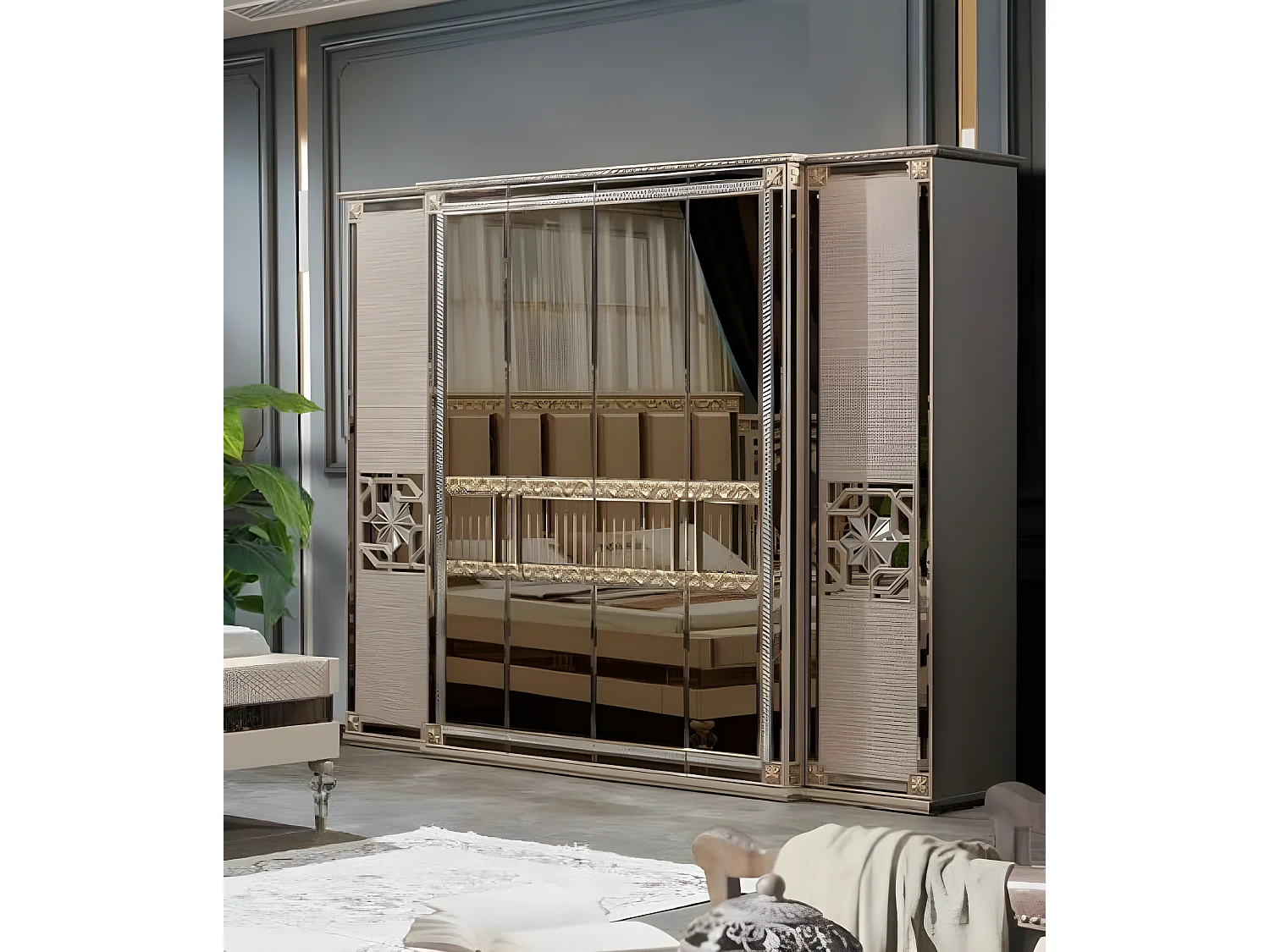 Königliches Schlafzimmer Bett Nachttische Kleiderschrank Gold Glanz 4tlg.