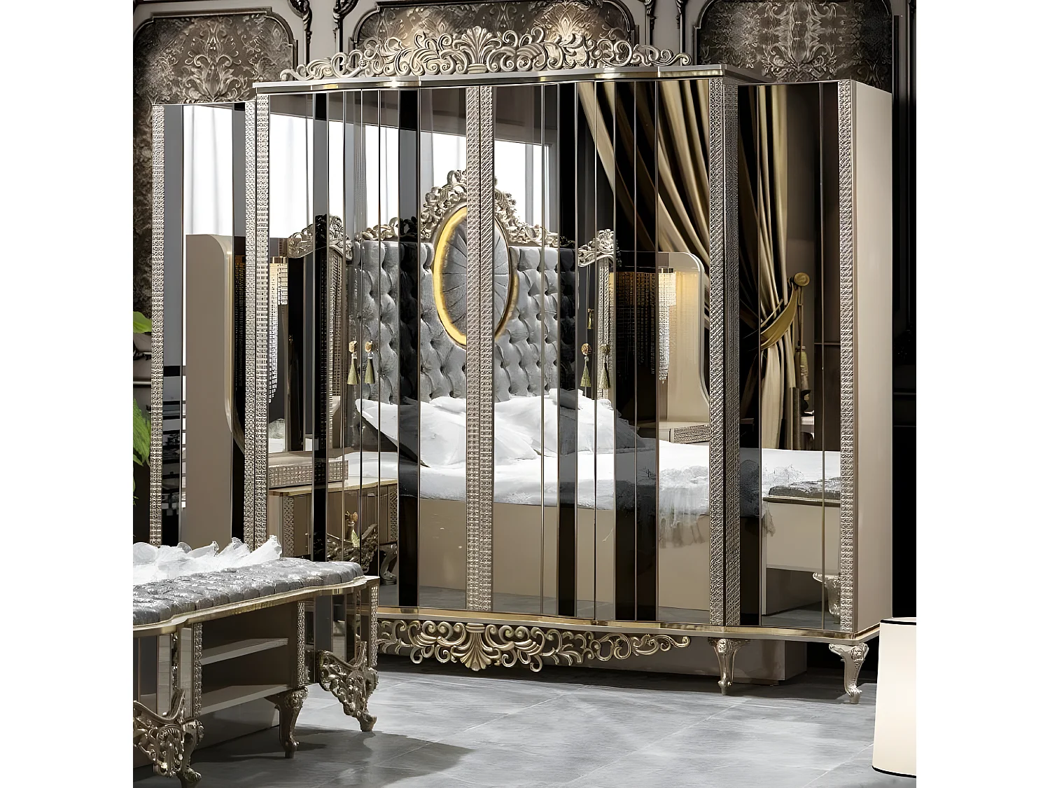 Luxus Garnitur Schlafzimmer Doppel Bett Klassischе Beige Set 5tlg Neu