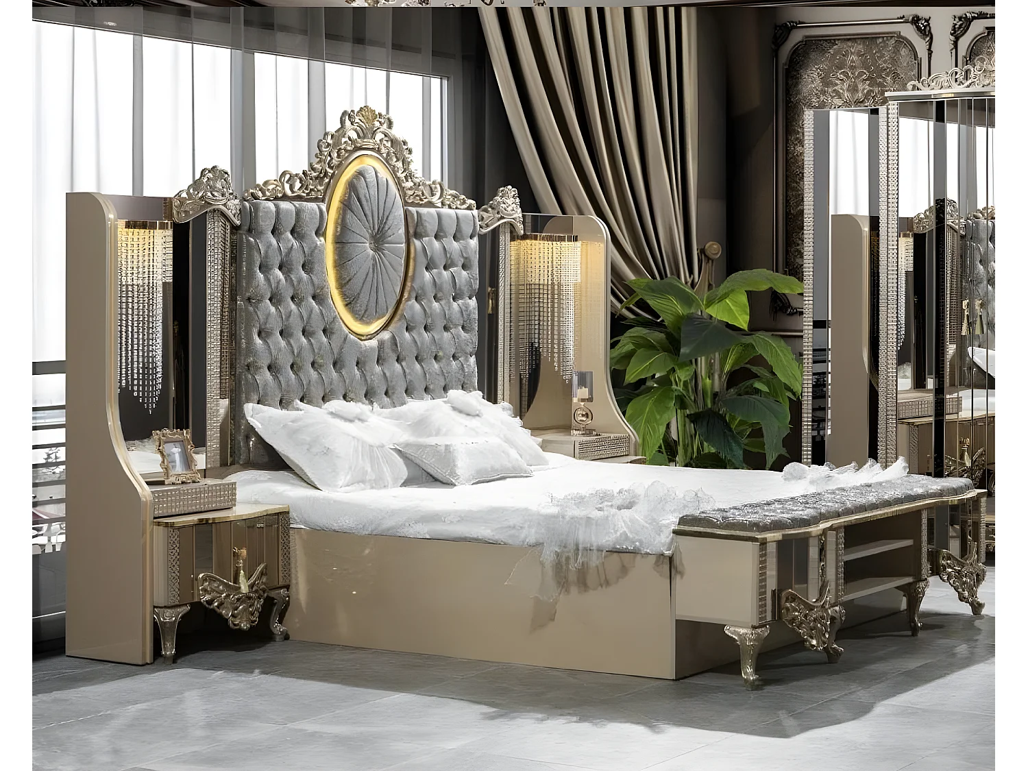 Luxus Garnitur Schlafzimmer Doppel Bett Klassischе Beige Set 5tlg Neu