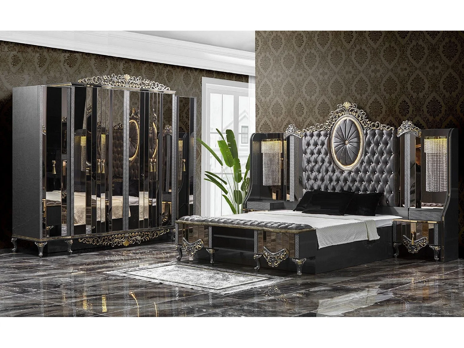 Garnitur Schlafzimmer Doppel Luxus Bett Klassischе Schwarz Set 4tlg