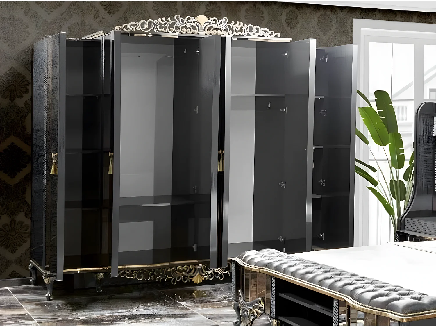 Garnitur Schlafzimmer Doppel Luxus Bett Klassischе Schwarz Set 4tlg