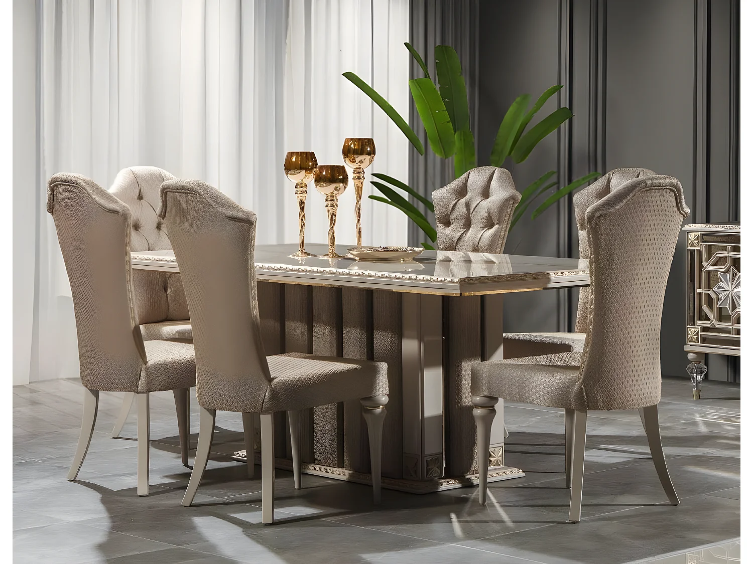 Luxus Essgruppe Essecke Esszimmer Esstisch Stühle Beige Set 7tlg Holz