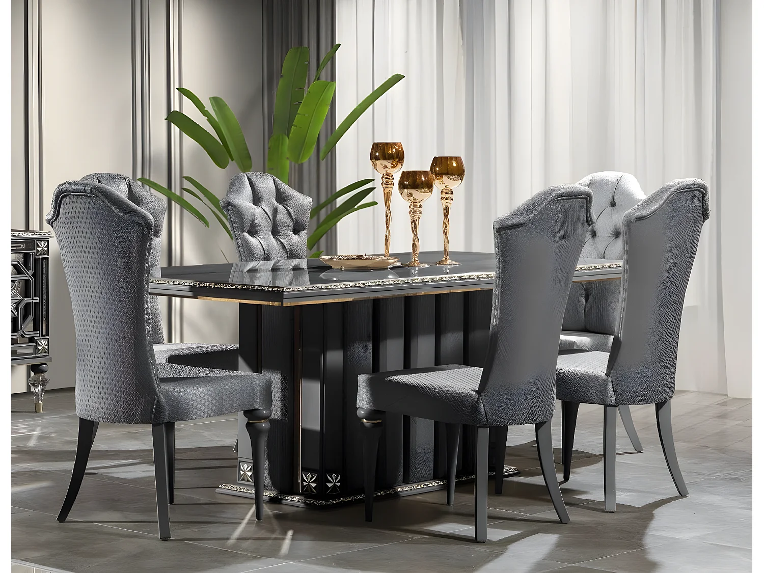 Luxus Essgruppe Essecke Esszimmer Esstisch Stühle Grau Set 7tlg Holz