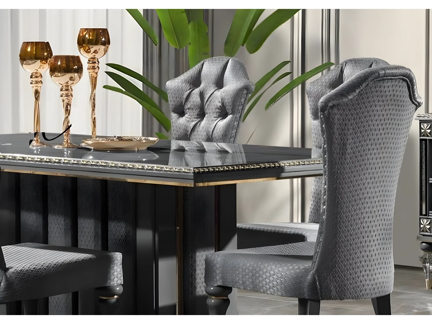 Luxus Essgruppe Essecke Esszimmer Esstisch Stühle Grau Set 7tlg Holz