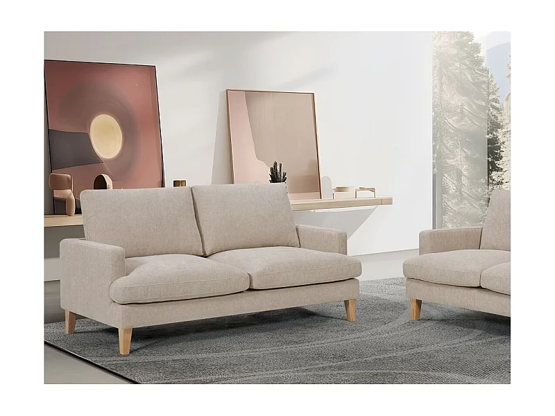 Canapé droit TALMA 3 places en tissu beige pieds bois naturel