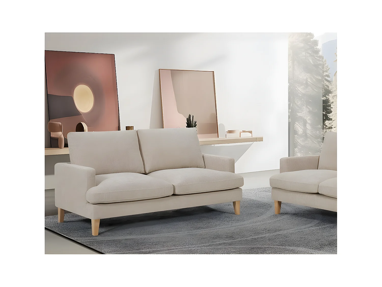 Canapé droit TALMA 3 places en tissu beige pieds bois naturel
