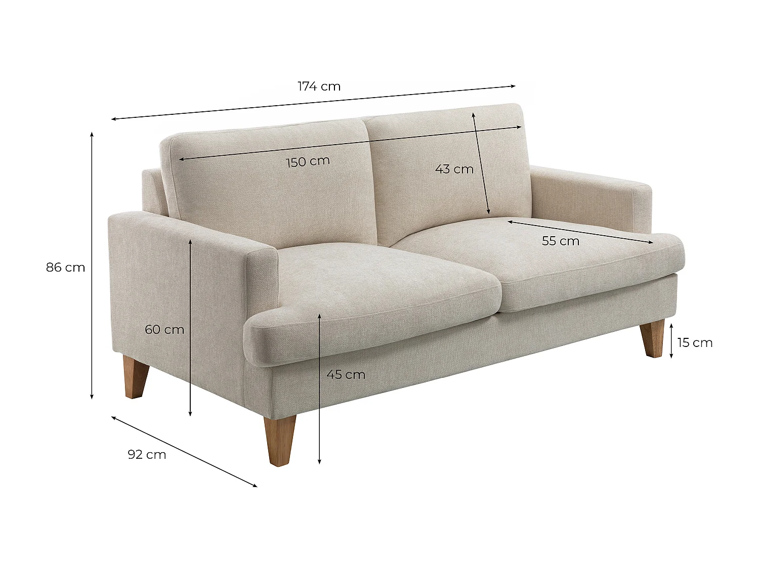 Canapé droit TALMA 3 places en tissu beige pieds bois naturel
