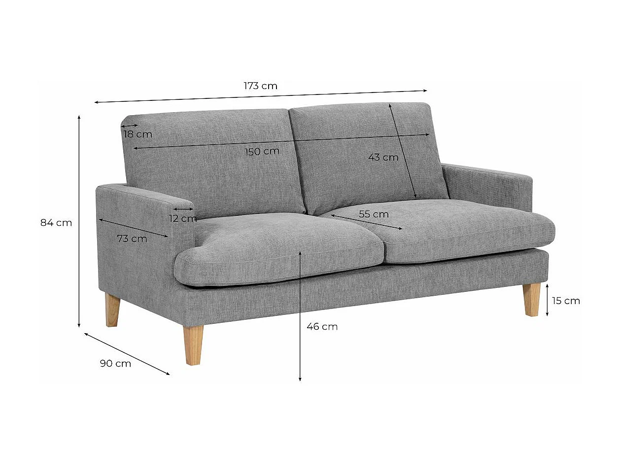 Canapé droit 3 places Talma en tissu - Gris - Pieds bois - L173 x P90 x H84cm - Loungitude