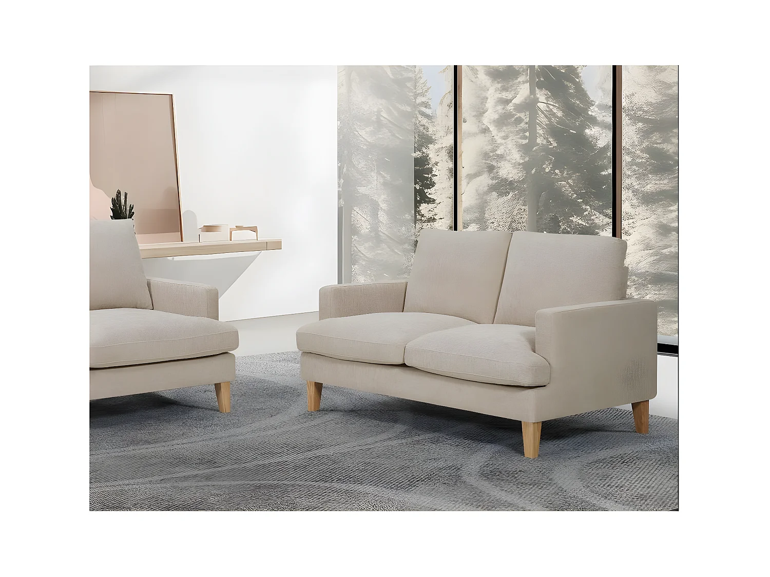 Canapé droit TALMA 2 places en tissu beige pieds bois naturel