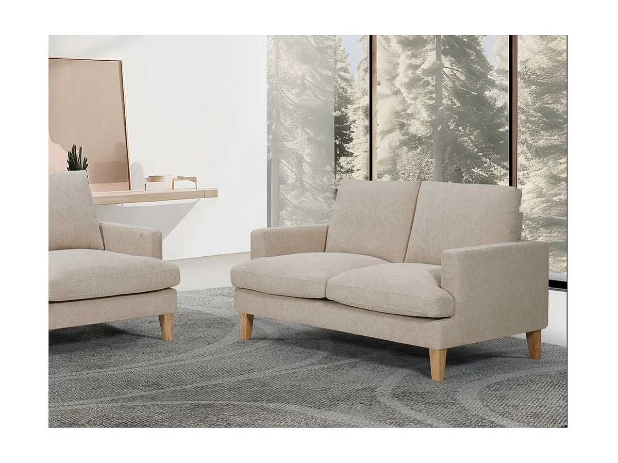 Canapé droit TALMA 2 places en tissu beige pieds bois naturel