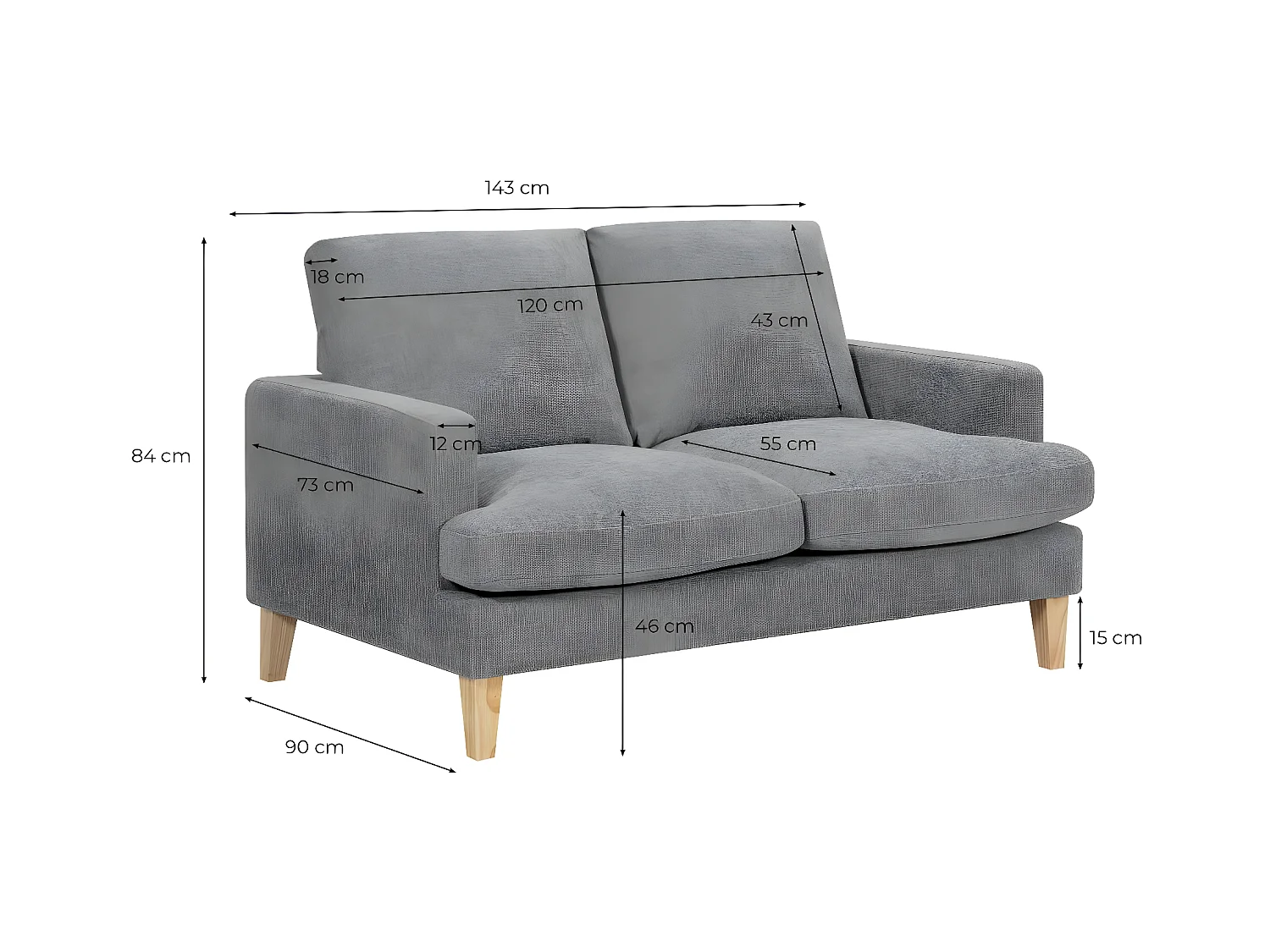 Canapé droit 2 places Talma en tissu - Gris - Pieds bois - L143 x P90 x H84cm - Loungitude