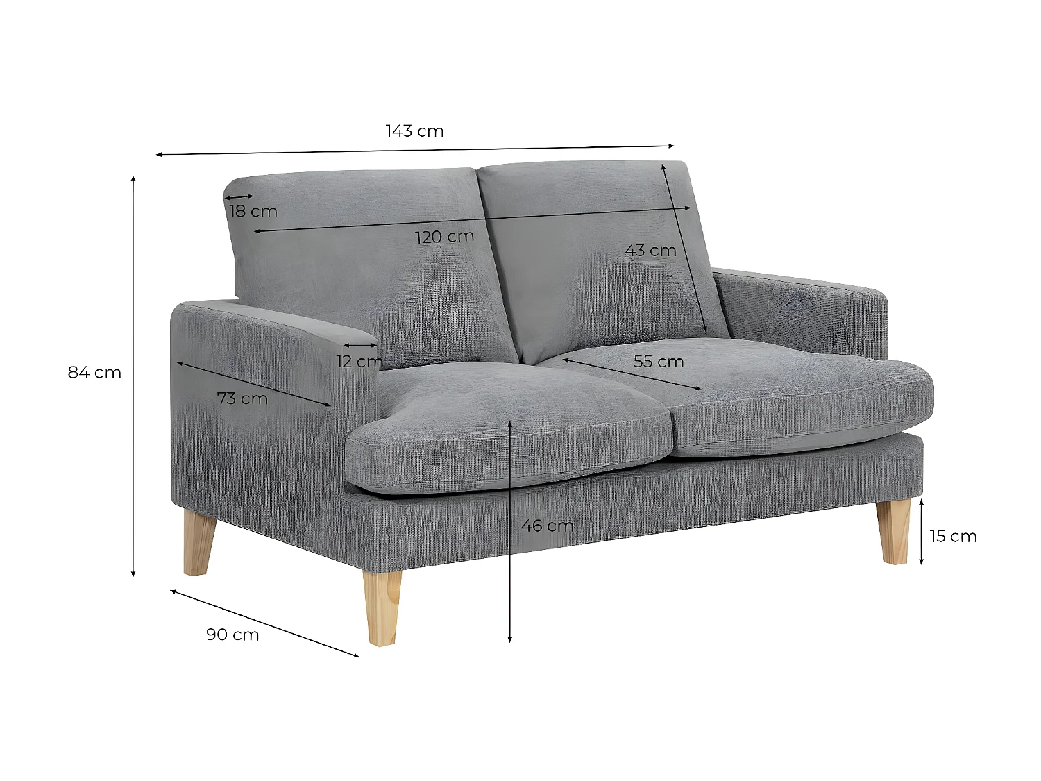 Canapé droit 2 places Talma en tissu - Gris - Pieds bois - L143 x P90 x H84cm - Loungitude