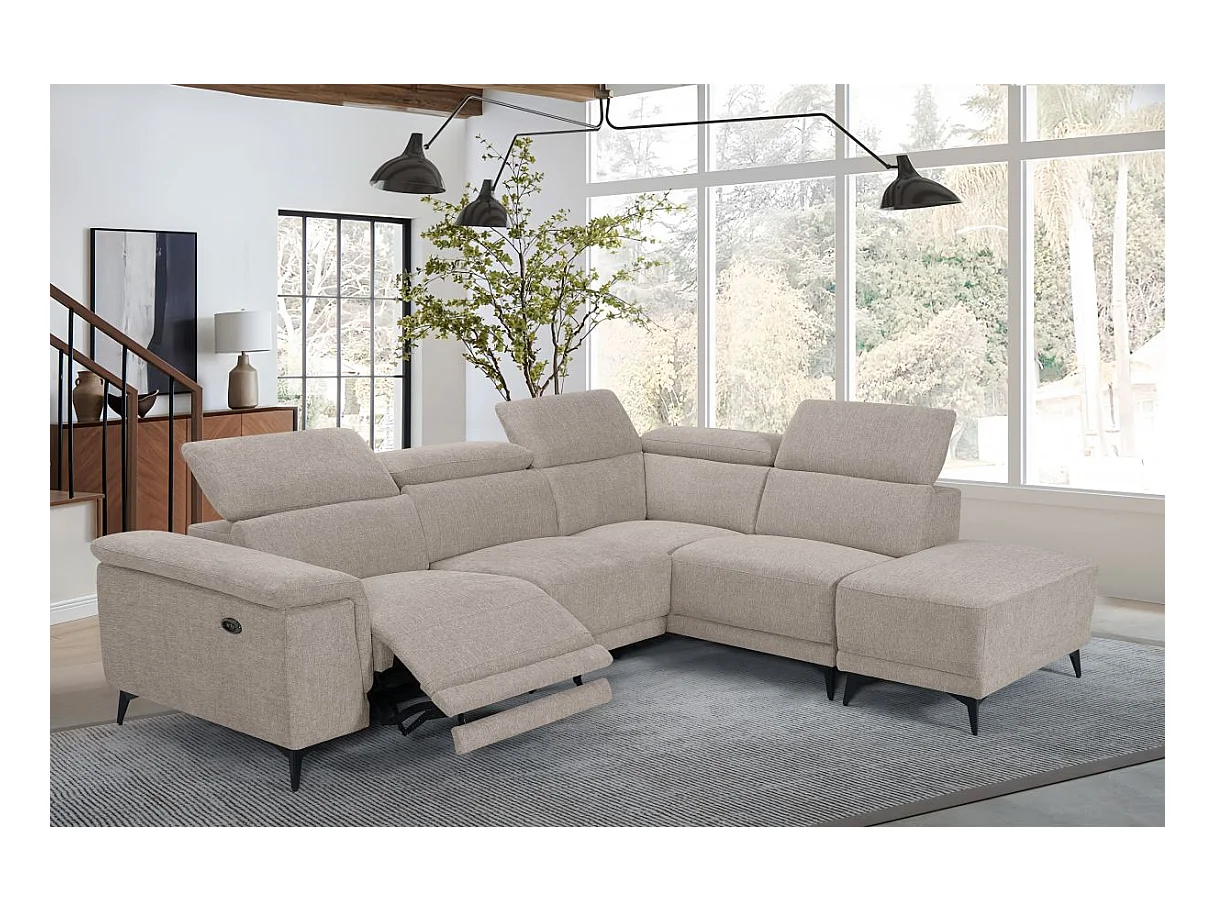 Canapé d'angle de relaxation électrique DEBBY avec pouf amovible en tissu - Beige - Angle droit