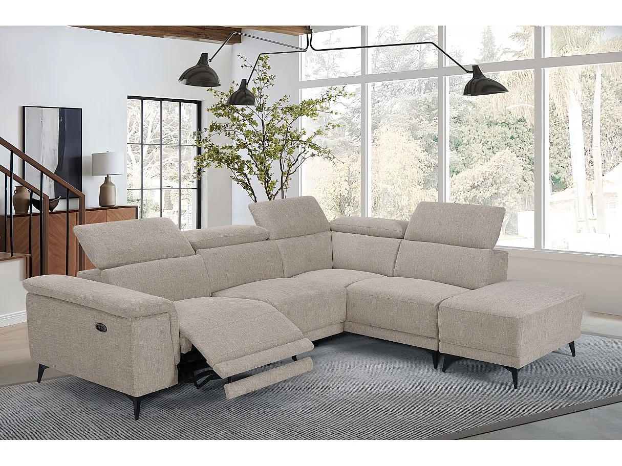 Canapé d'angle de relaxation électrique DEBBY avec pouf amovible en tissu - Beige - Angle droit