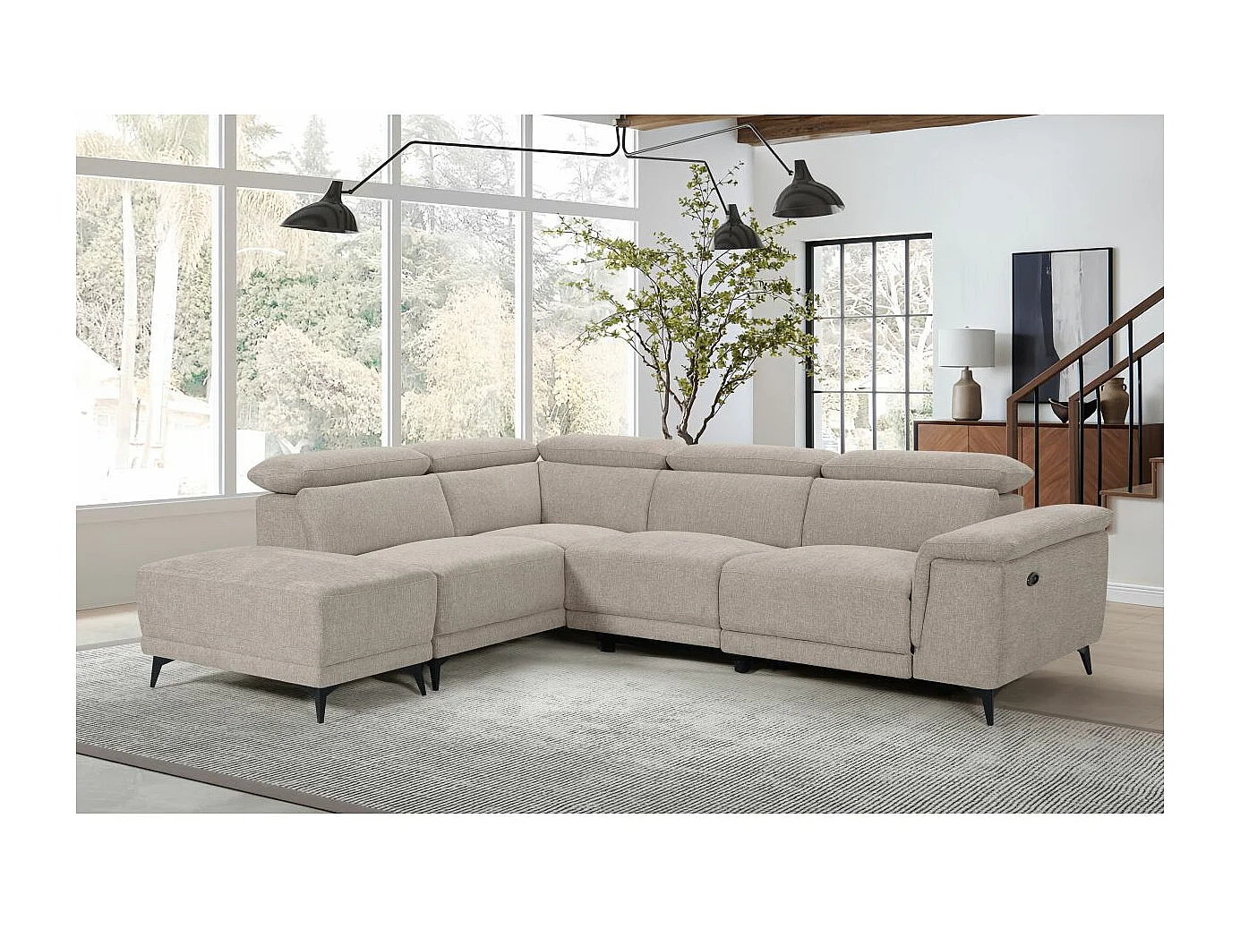 Canapé d'angle de relaxation électrique DEBBY avec pouf amovible en tissu - Beige - Angle droit