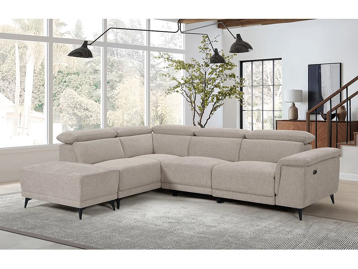 Canapé d'angle droit relax 4 places avec pouf en tissu beige DEBBY