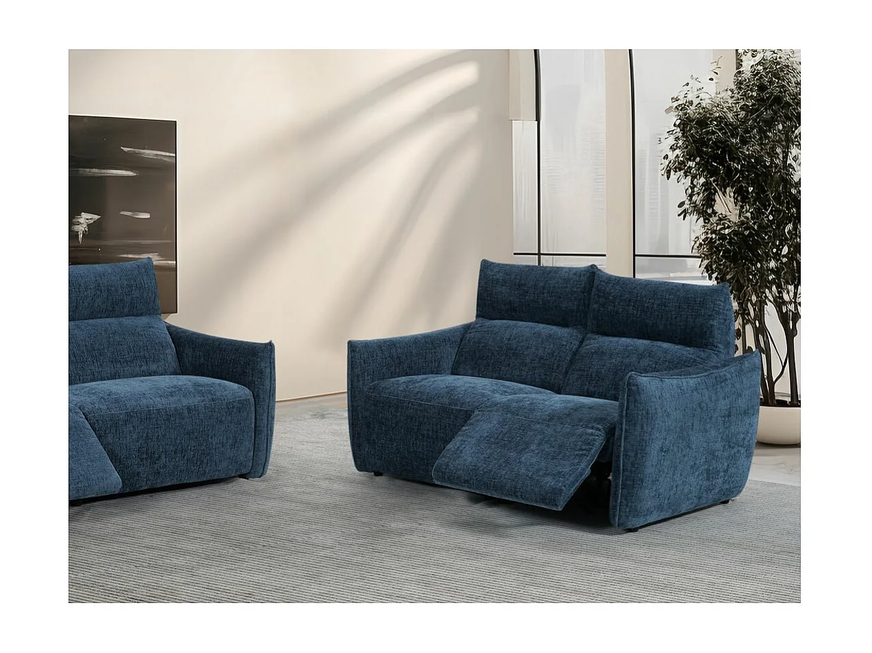 Canapé de relaxation électrique 2 places Melly en tissu - Bleu - L162 x P95 x H94cm - Loungitude