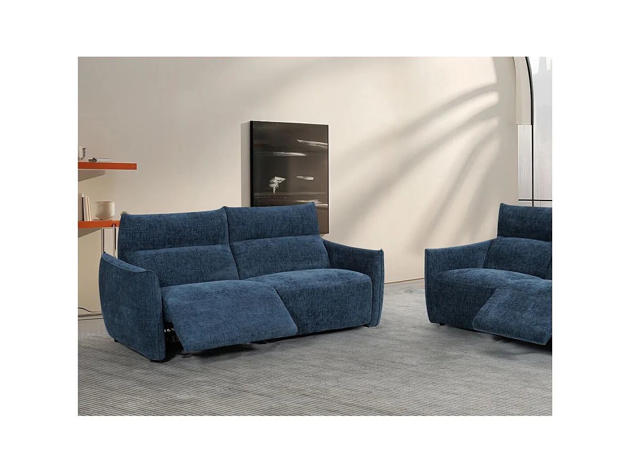 Canapé de relaxation électrique 3 places Melly en tissu - Bleu - L203 x P95 x H94cm - Loungitude