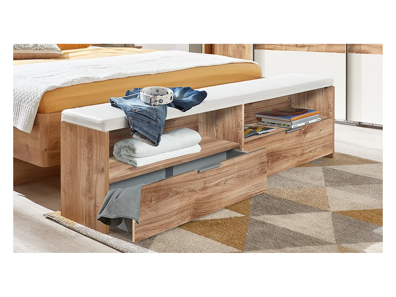 Banc bout de lit avec coussin et 2 tiroirs imition chêne poutre, rechampis blanc