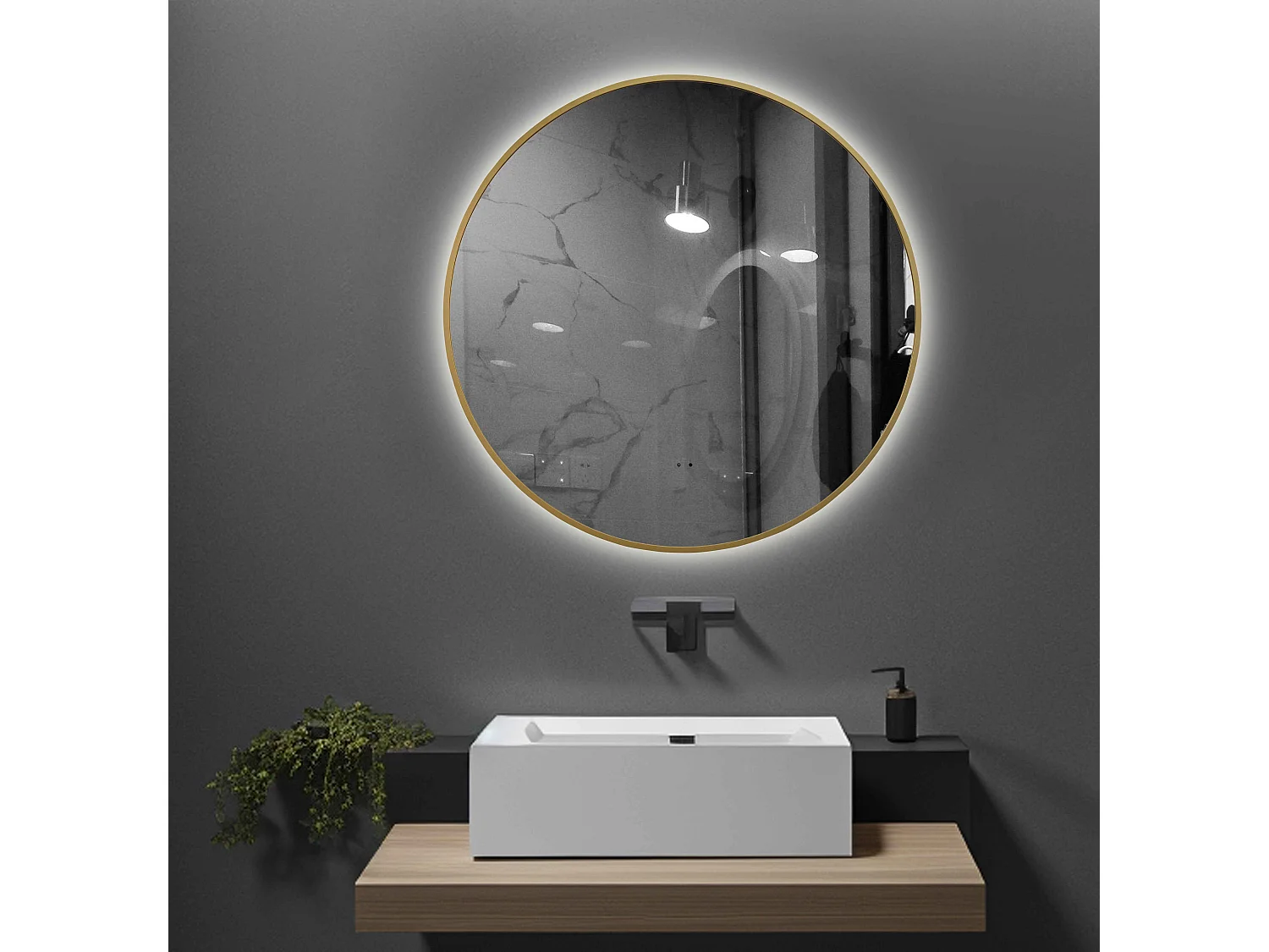 LuxuryBain- Miroir de salle de bain LED à luminosité variable 80cm rond avec cadre en aluminium doré, or et touche sensitive
