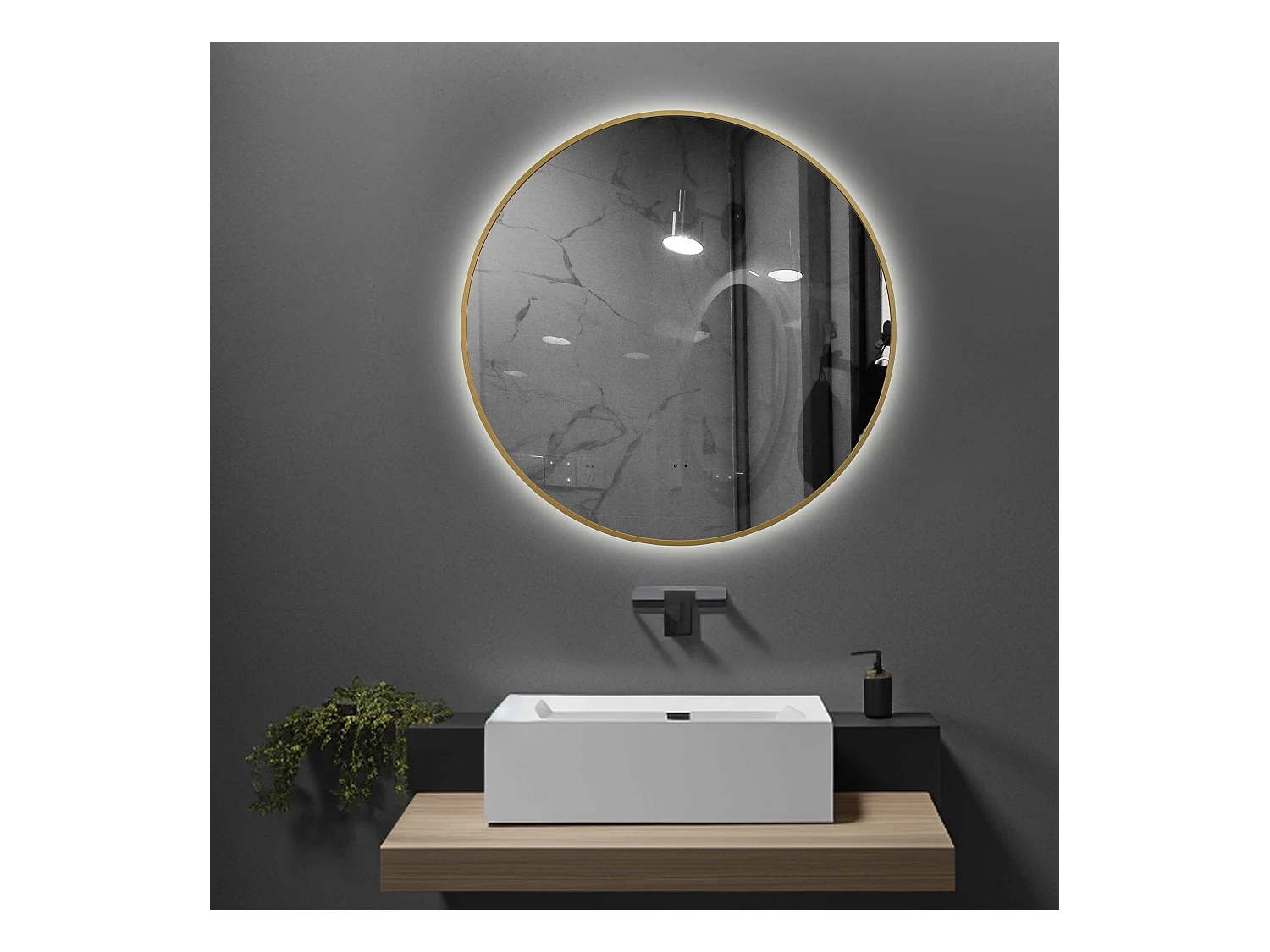 LuxuryBain- Miroir de salle de bain LED à luminosité variable 80cm rond avec cadre en aluminium doré, or et touche sensitive