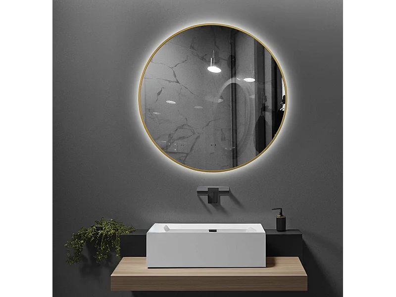 LuxuryBain- Miroir de salle de bain LED à luminosité variable 80cm rond avec cadre en aluminium doré, or et touche sensitive