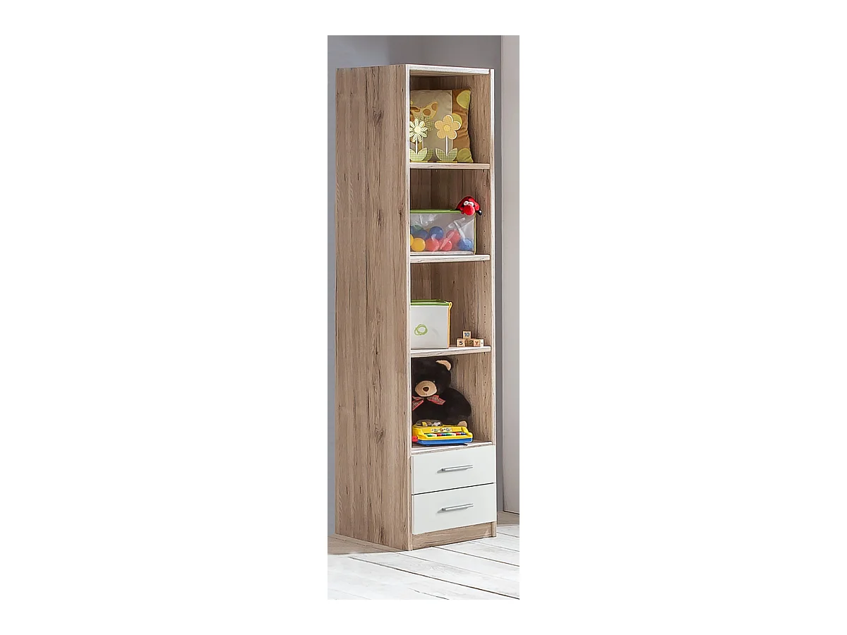 Etagère, bibliothèque enfant 2 tiroirs coloris Imitation chêne San Remo, rechampis blanc
