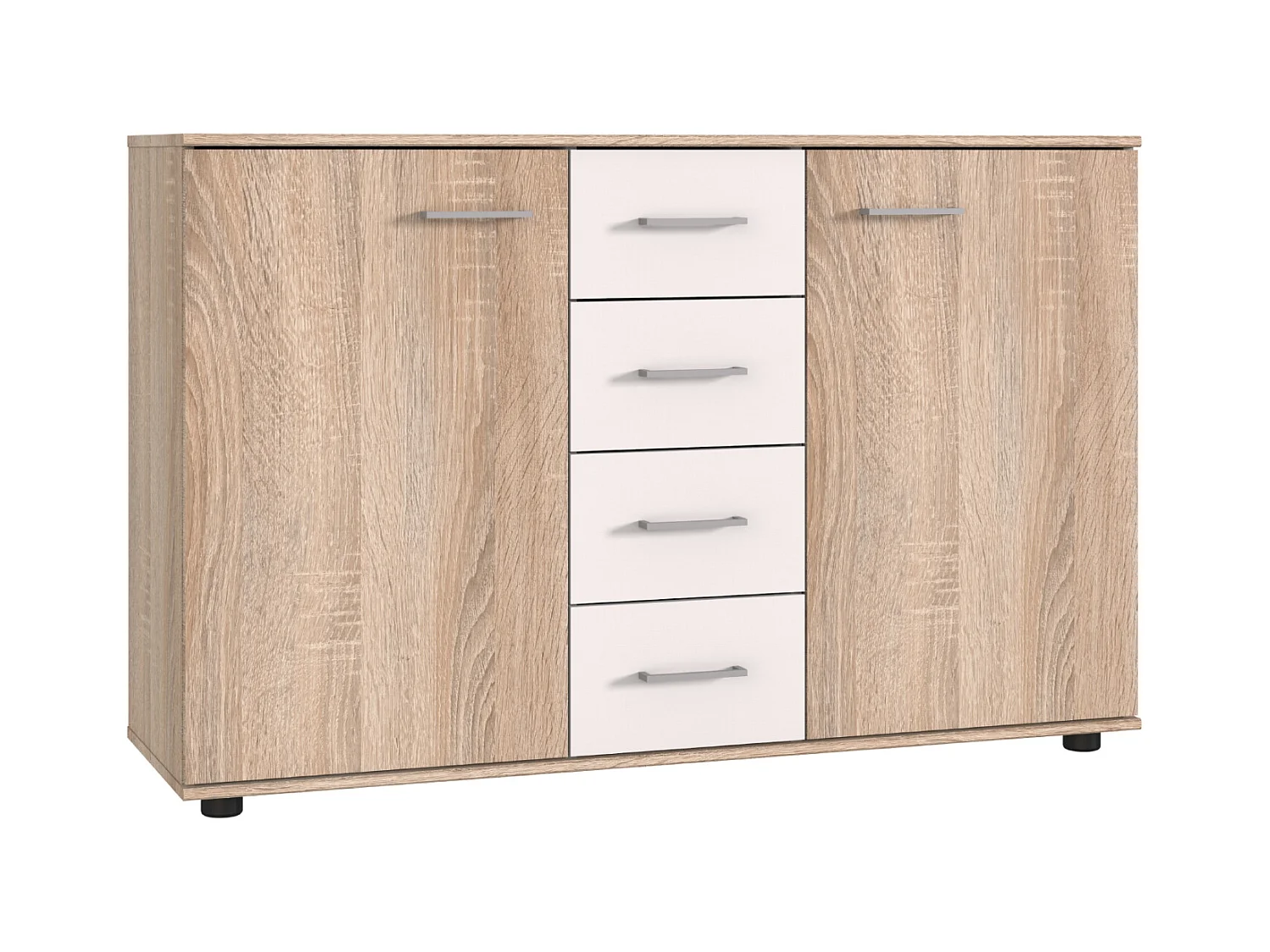 Commode, meuble de rangement coloris imitation chêne, rechampis blanc - L. 130 x H. 83 x P. 41 cm