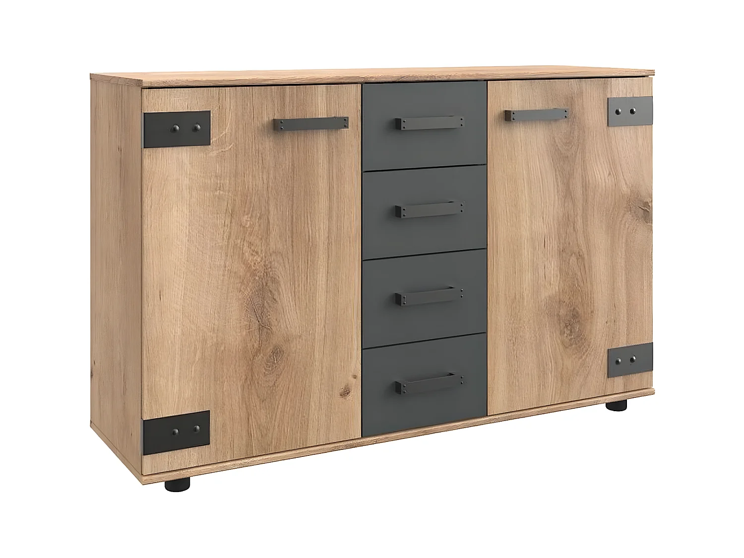 Commode meuble de rangement coloris chêne foncé - L. 130 x H. 83 x P. 41 cm