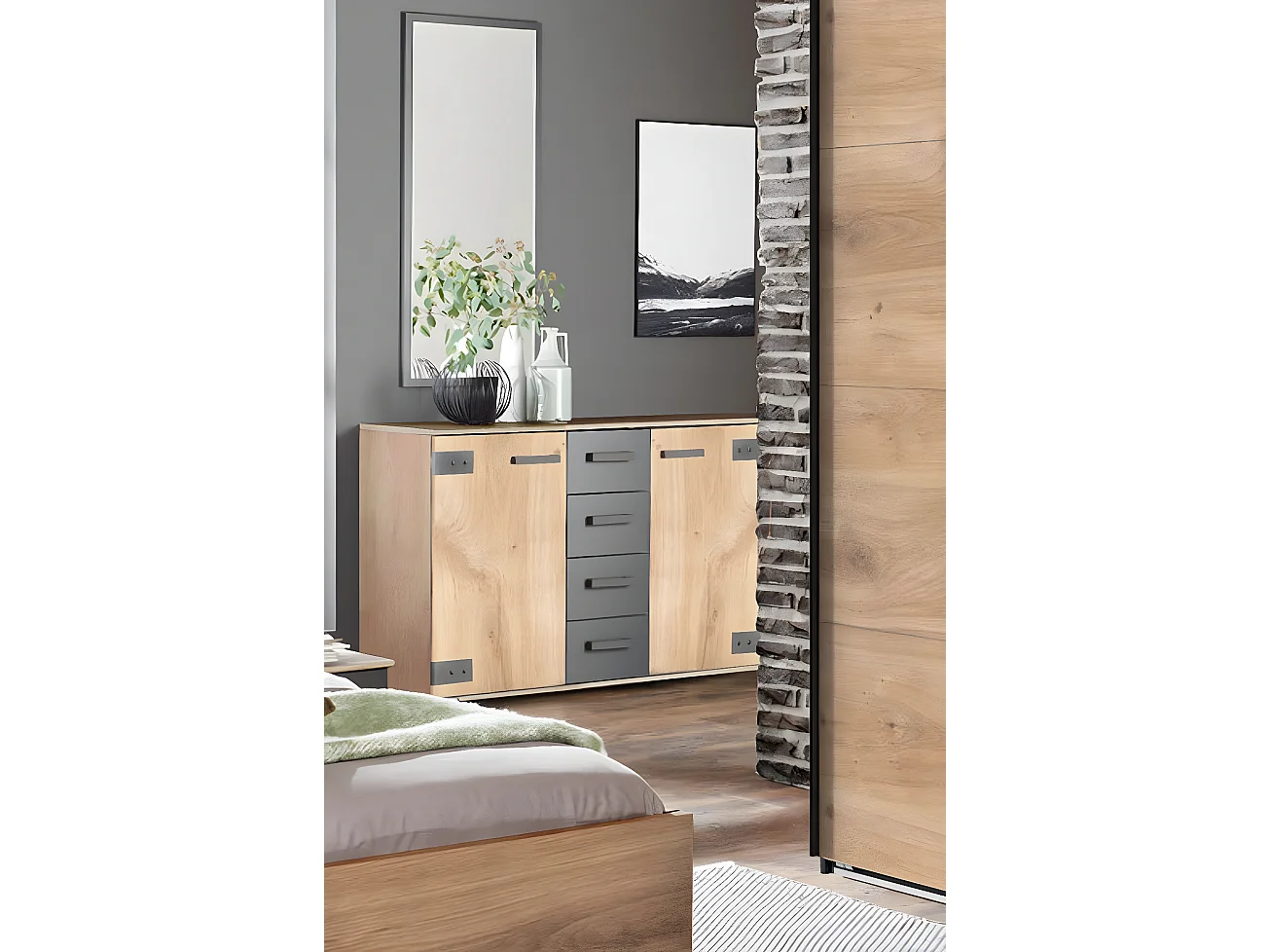 Commode meuble de rangement coloris chêne foncé - L. 130 x H. 83 x P. 41 cm