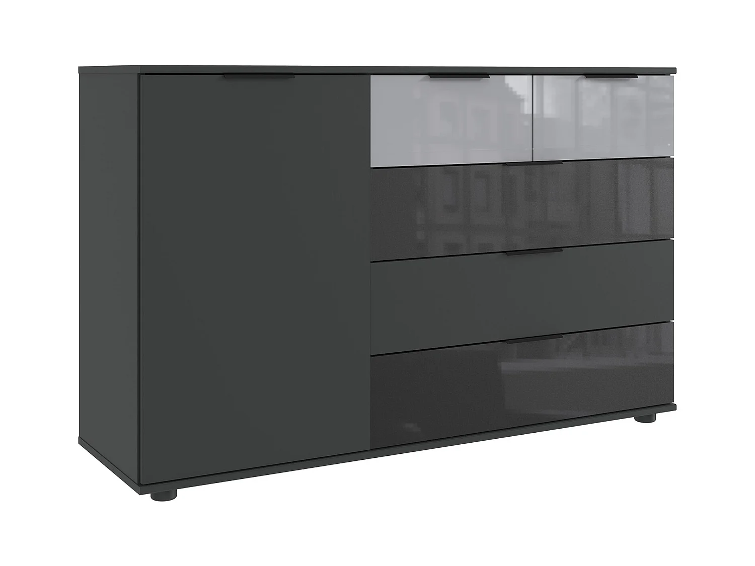 Commode buffet, meuble de rangement coloris Graphite, rechampis et verre coloris noir
