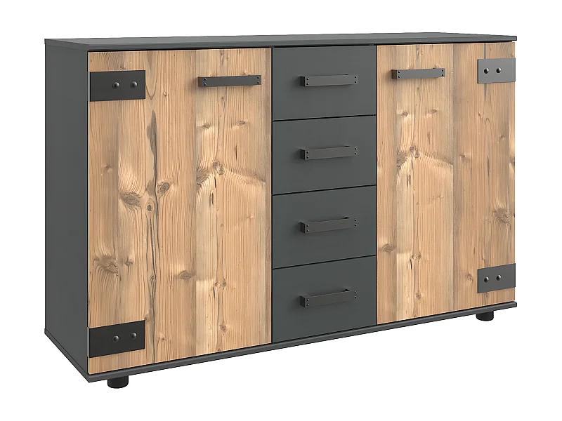 Commode meuble de rangement coloris imitation chêne/gris foncé - L. 130 x H. 83 x P. 41 cm