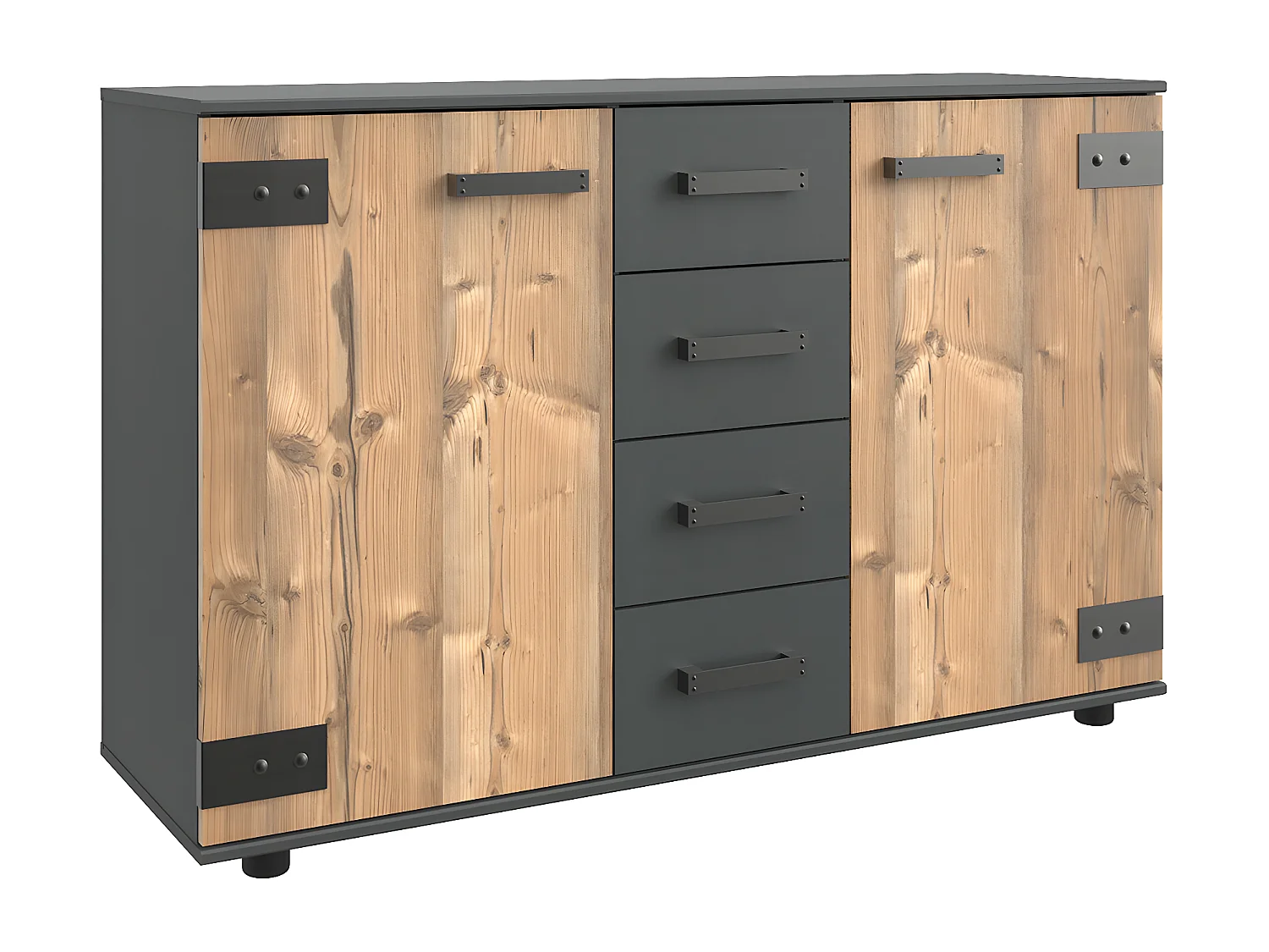 Commode meuble de rangement coloris imitation chêne/gris foncé - L. 130 x H. 83 x P. 41 cm