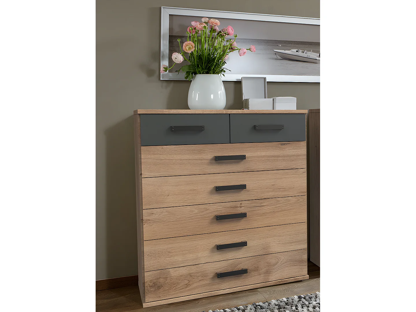 Commode meuble de rangement coloris imitation chêne poutre/graphite - L. 91 x H. 103 x P. 40 cm