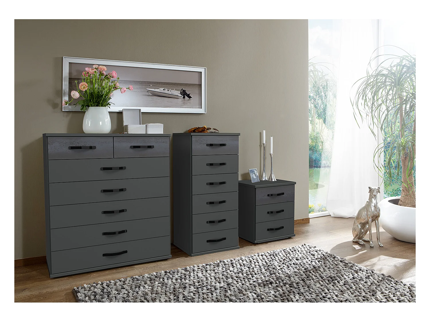 Ensemble de 3 commodes, meubles de rangement coloris Graphite, rechampis noir