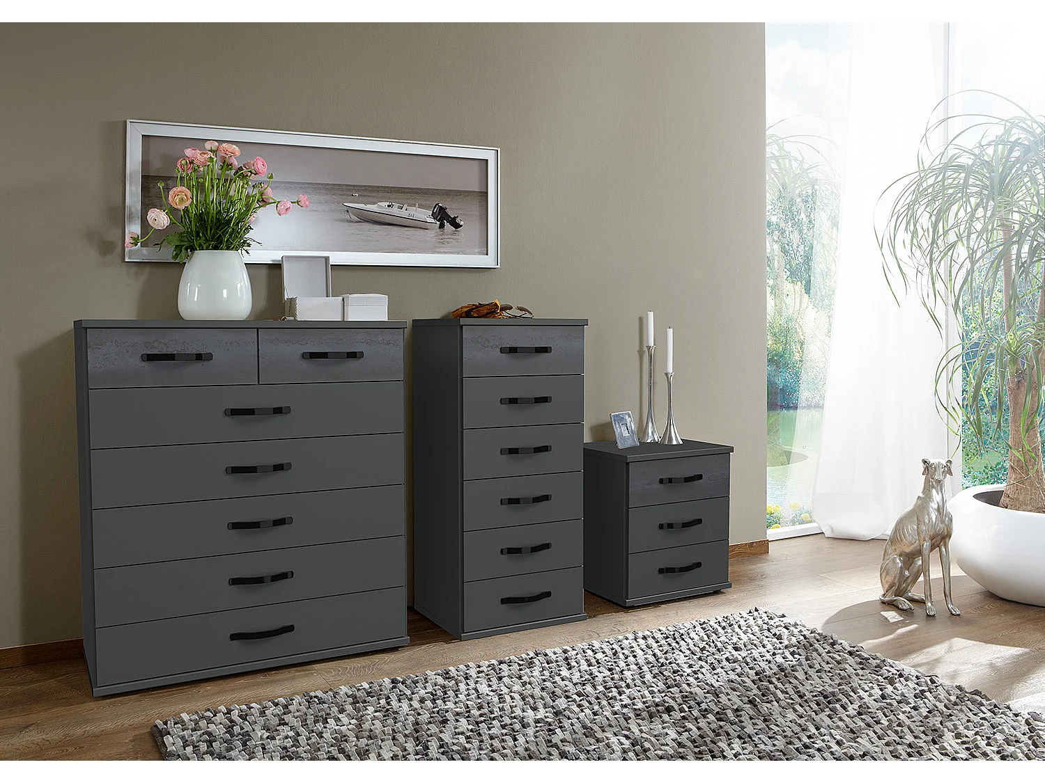 Ensemble de 3 commodes, meubles de rangement coloris Graphite, rechampis noir