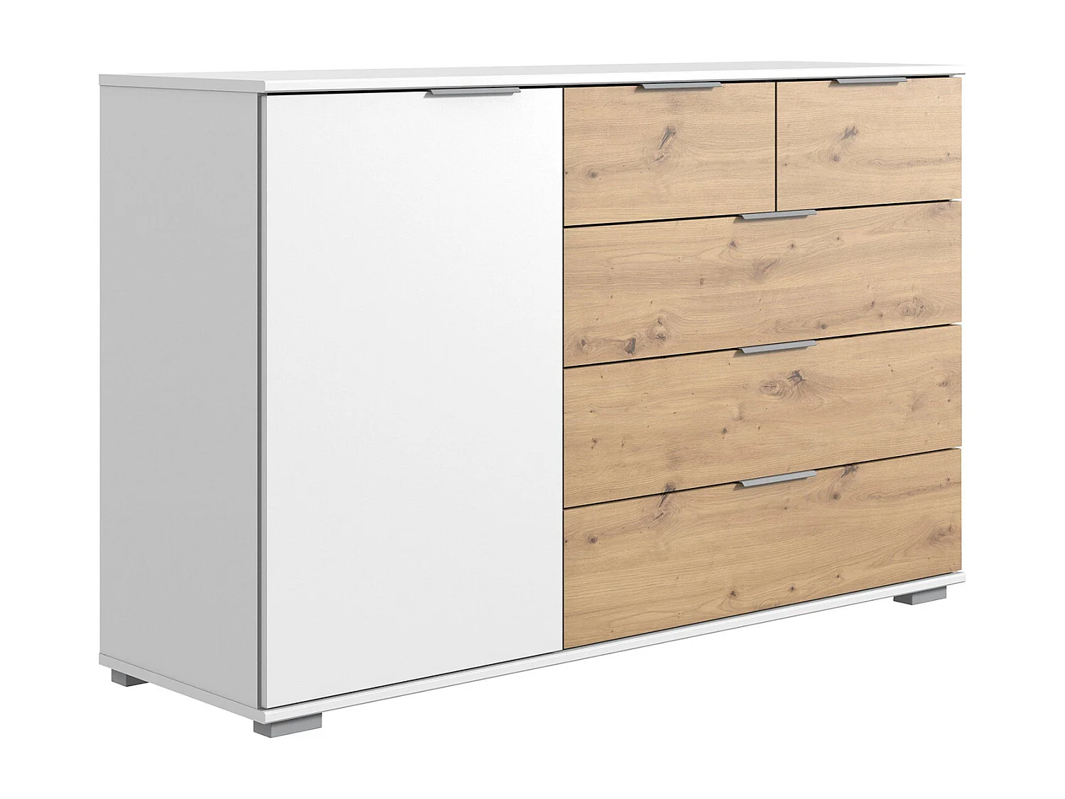 Commode meuble de rangement, coloris blanc/imitation chêne artisan - L. 130 x H. 90 x P. 41 cm