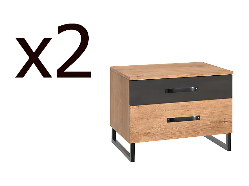 Lot de 2 commodes à tiroirs Imitation chêne poutre rechampis raw steel - L58 x H45 x P41 cm
