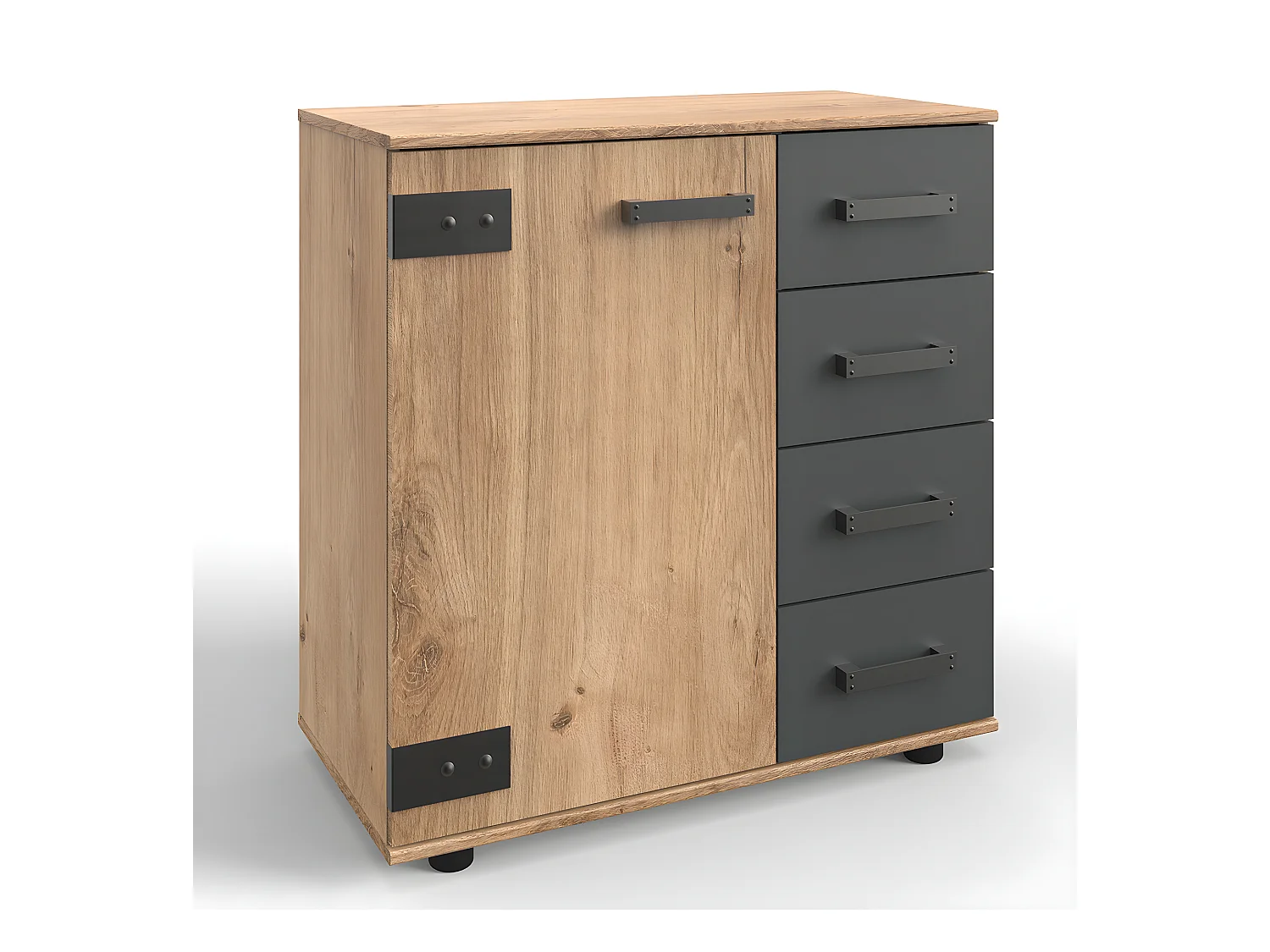 Commode meuble de rangement coloris imitation chêne poutre/graphite - L. 81 x H. 90 x P. 41 cm