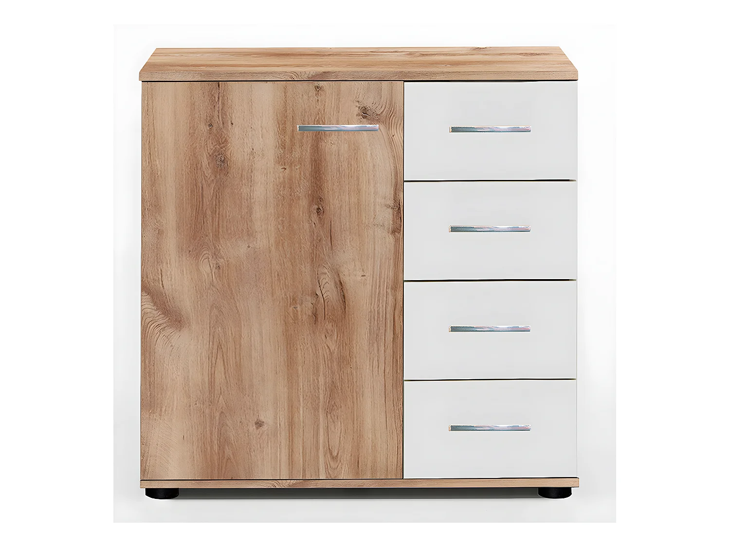 Commode en panneaux de particules de 4 tiroirs+1 porte, chêne poutre/blanc