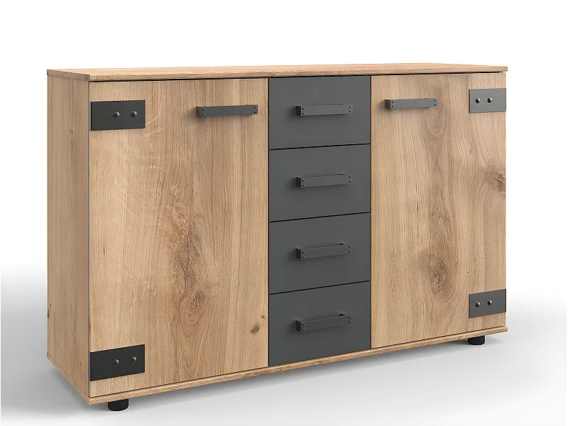 Commode meuble de rangement coloris imitation chêne poutre/graphite - L. 130 x H. 83 x P. 41 cm