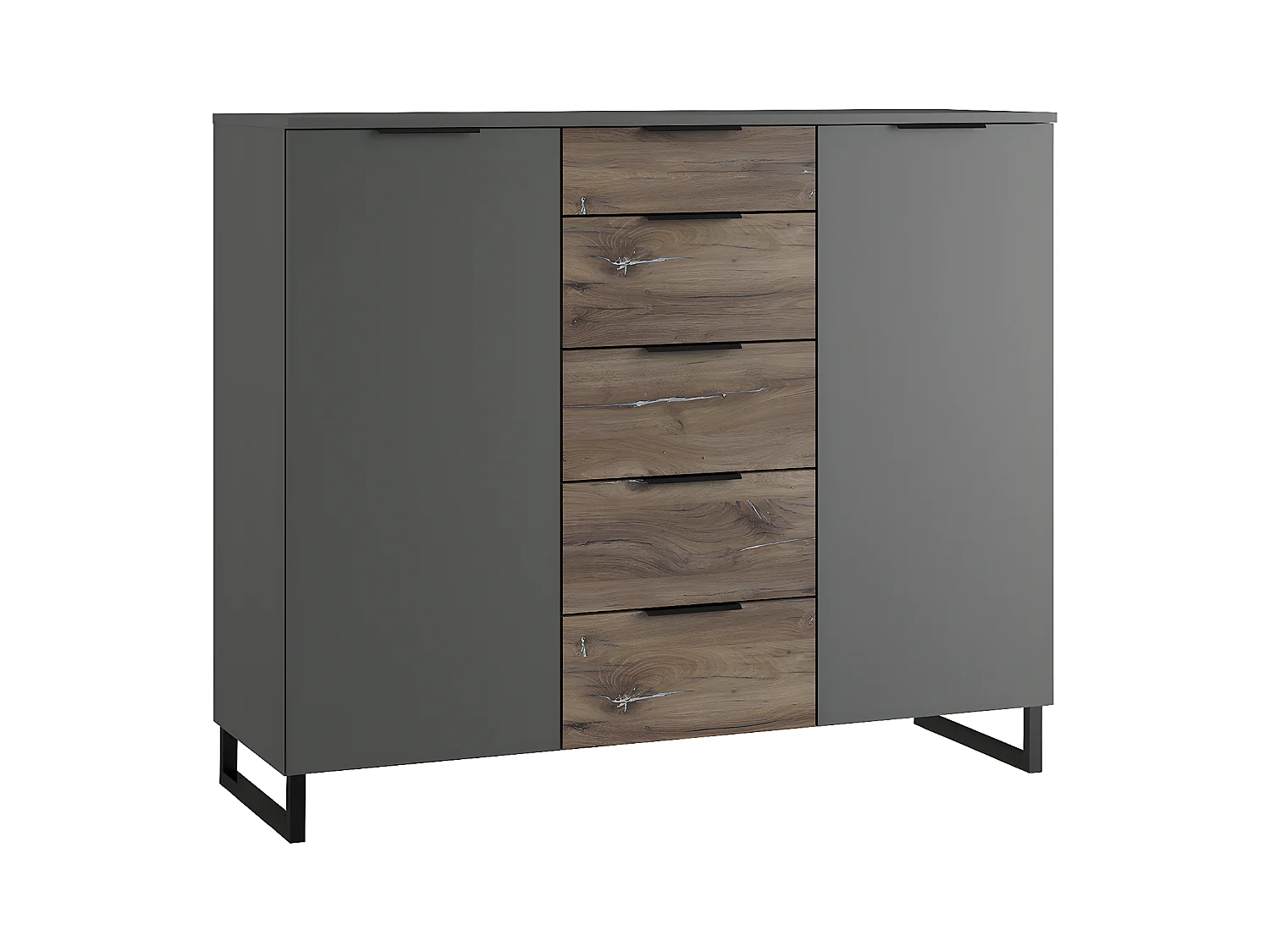 Commode meuble de rangement coloris imitation chêne /graphite - L. 139 x P. 41 x H. 102 cm